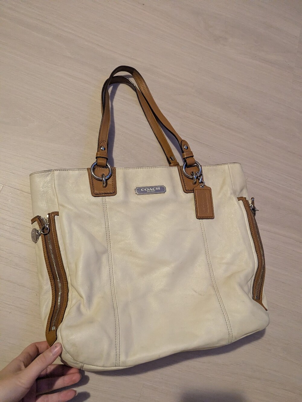 COACH Cream Tote with Tan Leather Trim